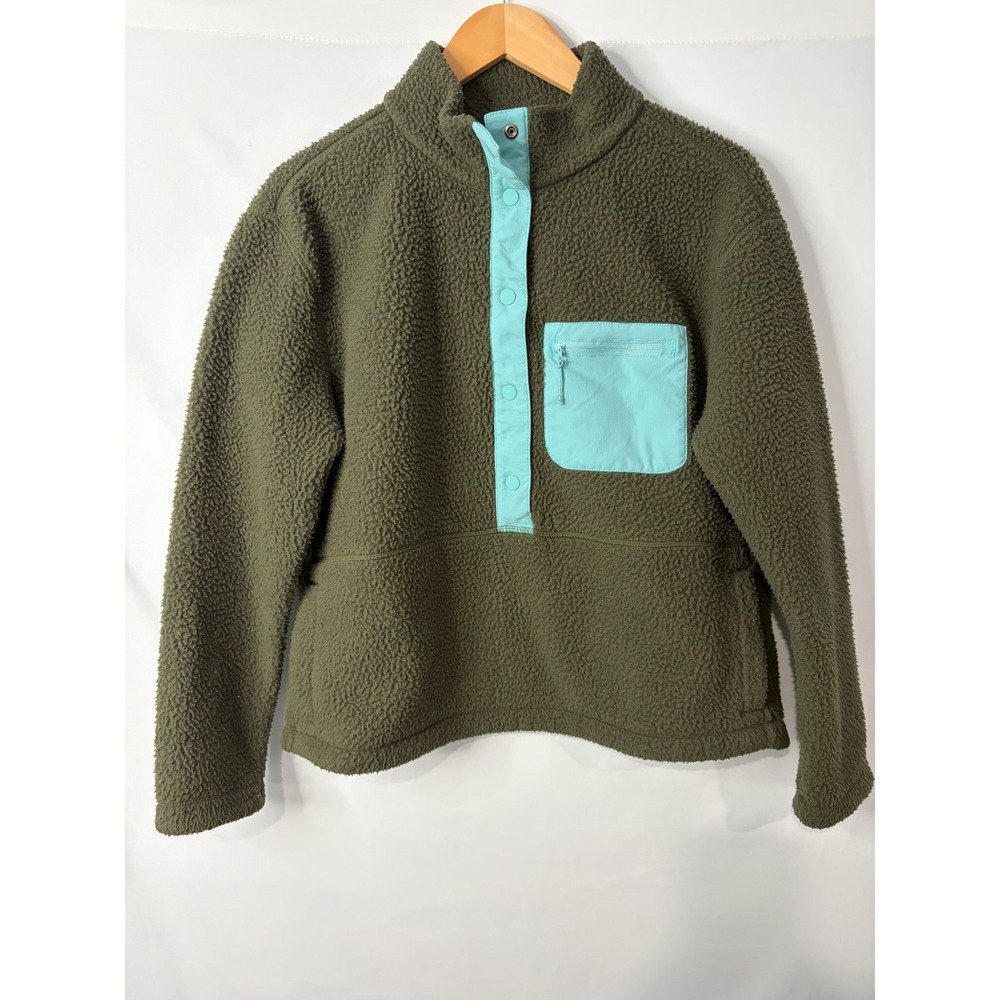 Title Nine Womens Olive Green Sherpa Fleece Snap Pullover Jacket Sz M Outdoor